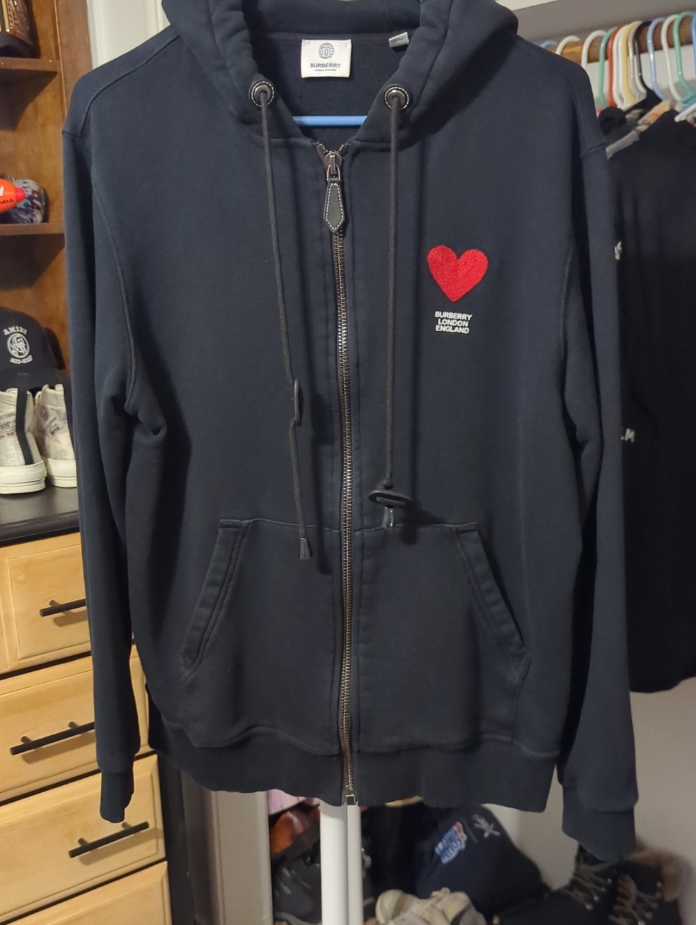 Authentic Burberry Black Zip Red Heart Hoodie Size M